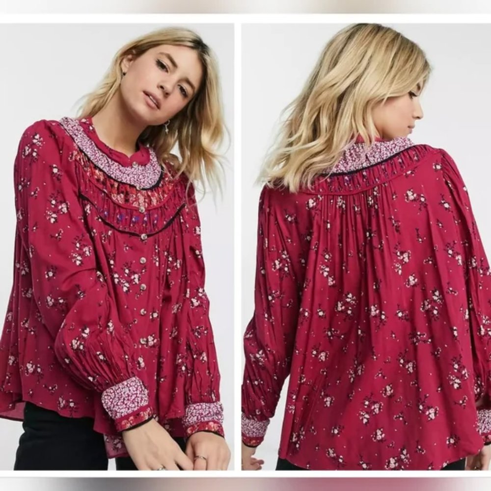 Free‎ People Holiday Casual Chic Paloma Printed Blouse in Pink Black Extra Small